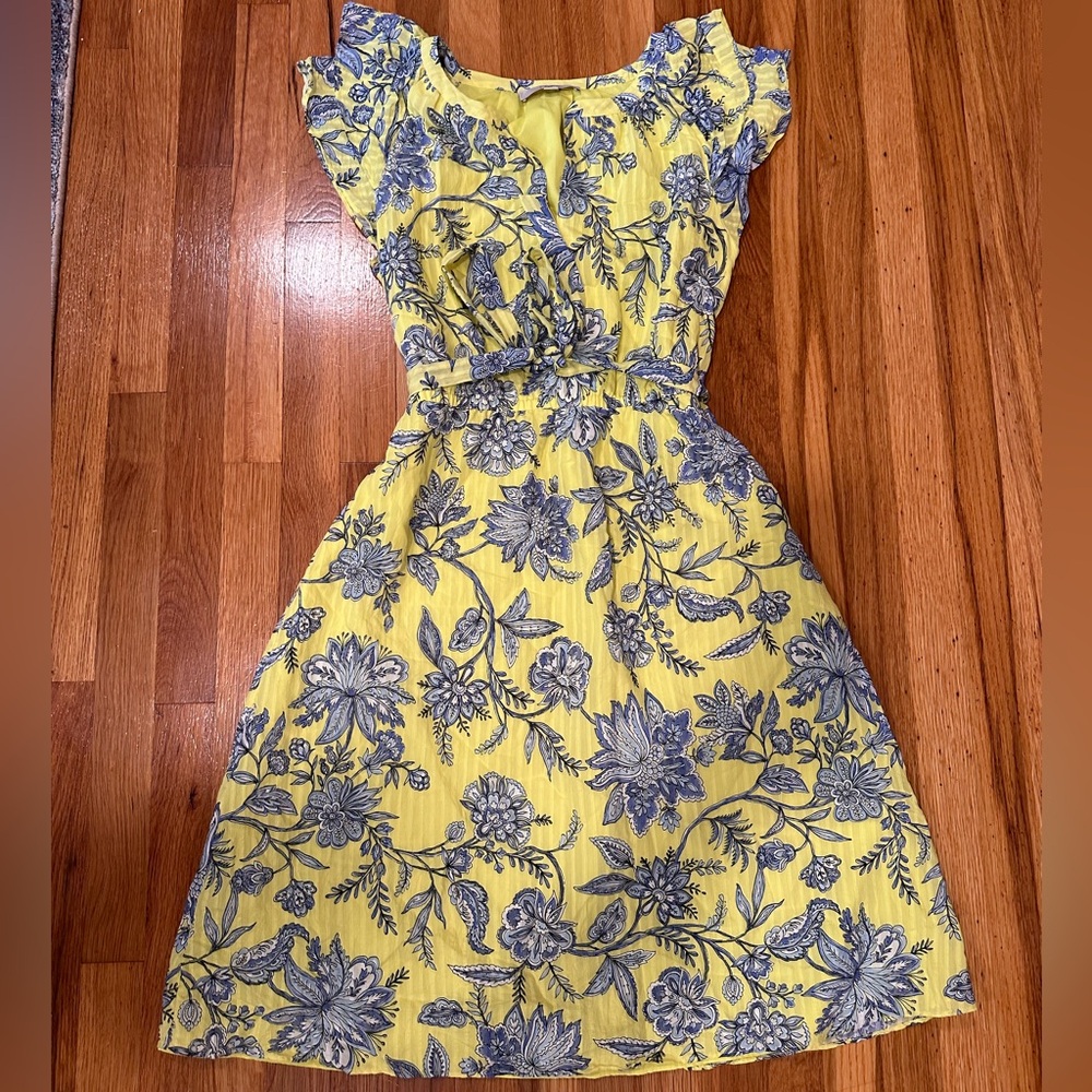 LOFT Yellow and Blue Pleated Midi Sundress